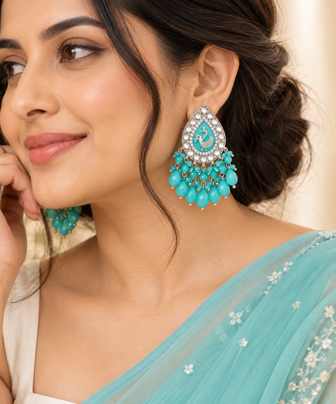 Aarvika Teardrop Peacock Design Earring (Turquoise)