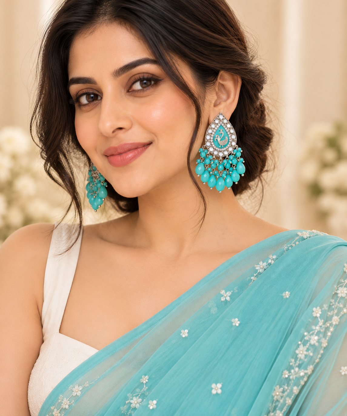 Aarvika Teardrop Peacock Design Earring (Turquoise)