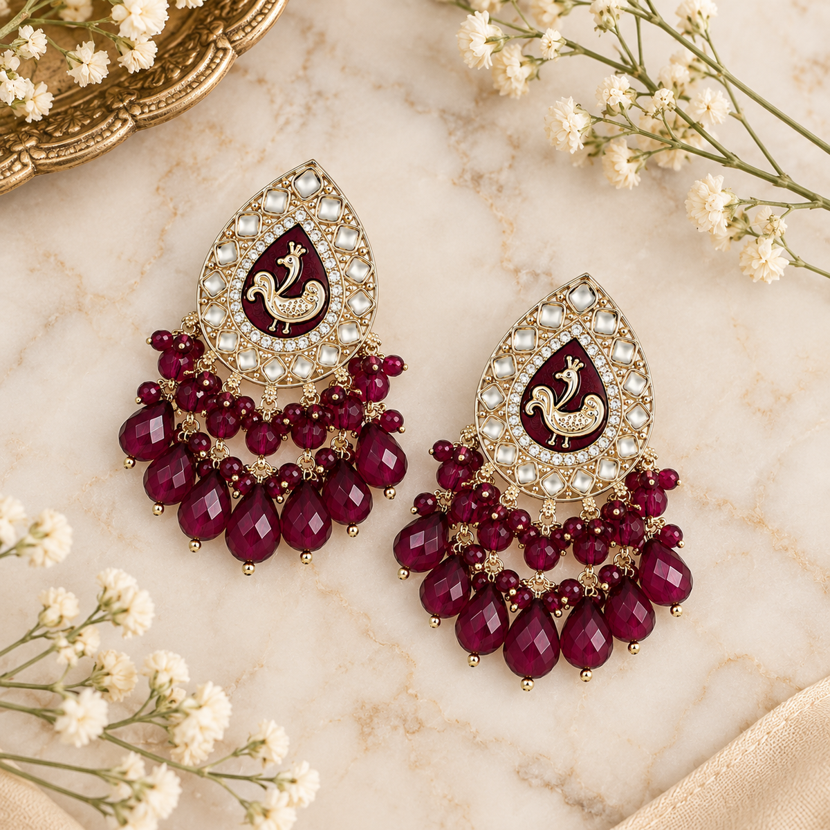 Aarvika Teardrop Peacock Design Earring (Wine)