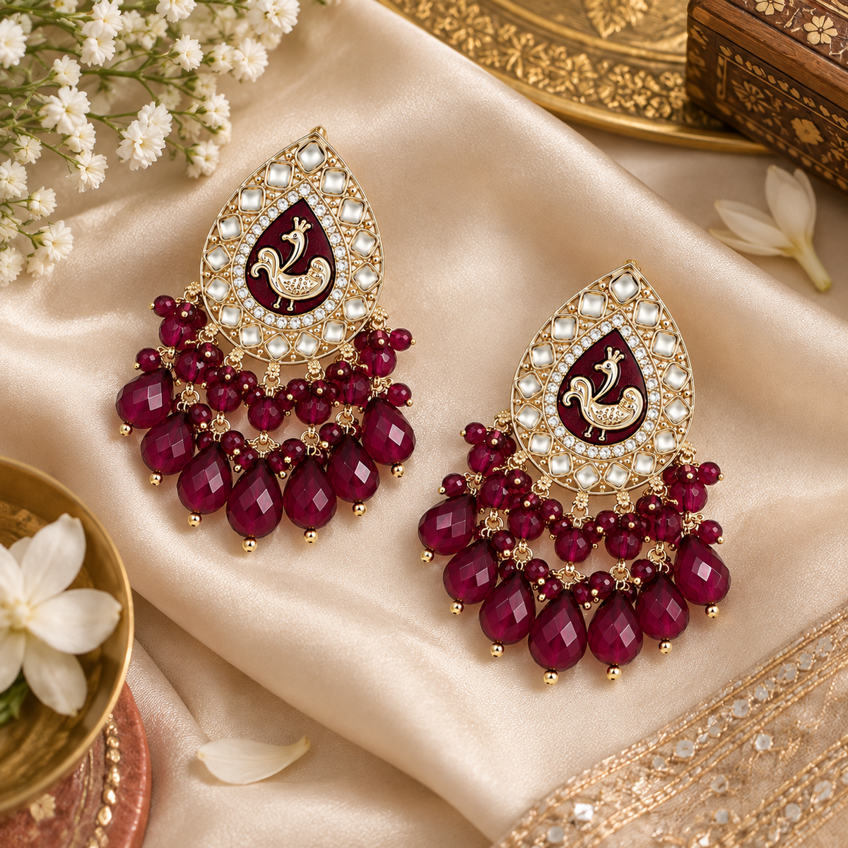 Aarvika Teardrop Peacock Design Earring (Wine)
