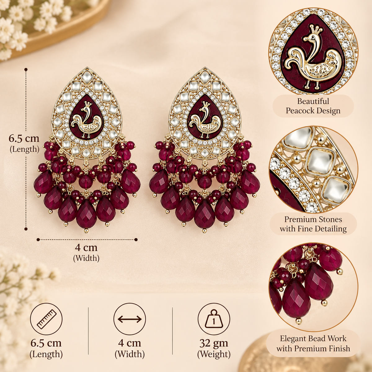 Aarvika Teardrop Peacock Design Earring (Wine)