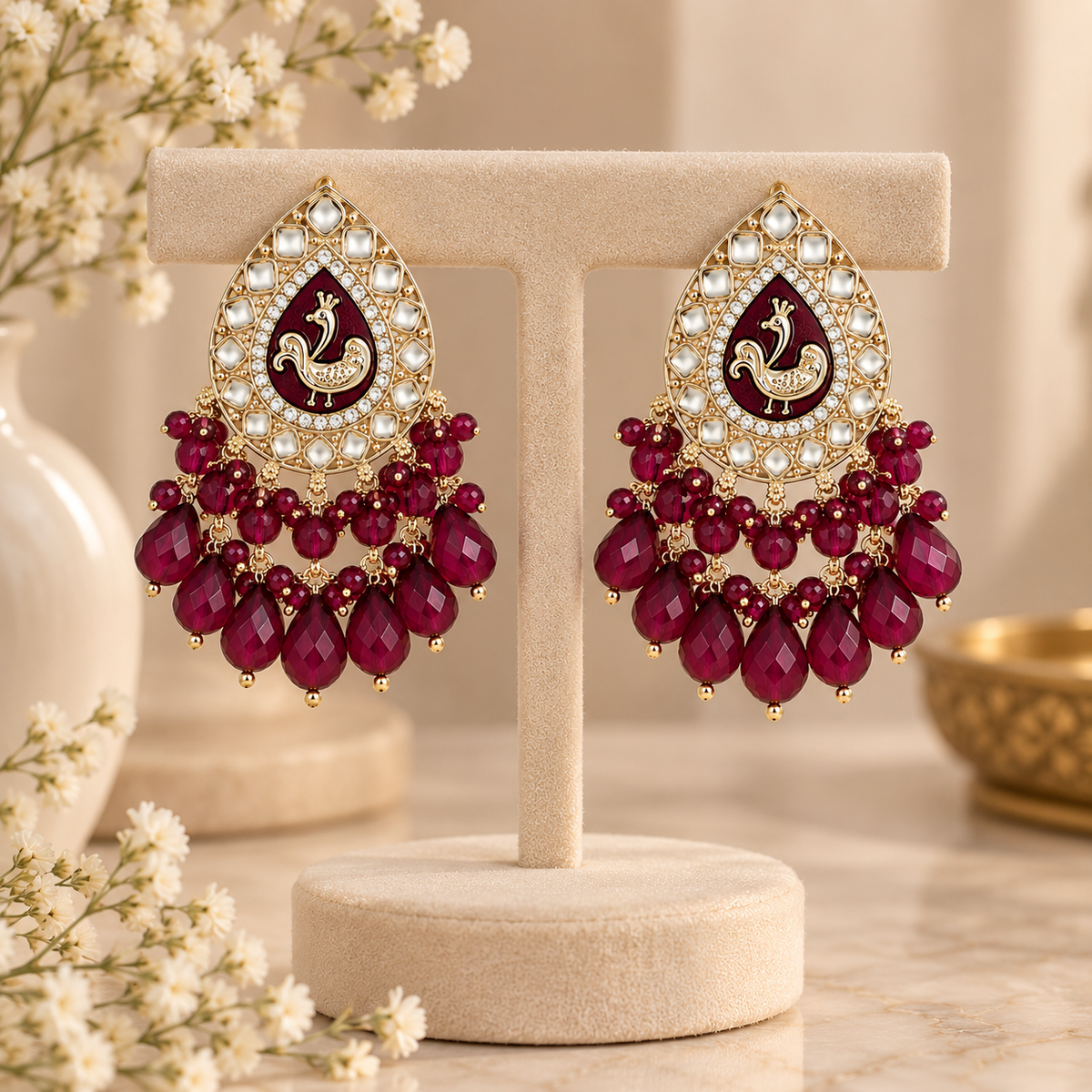 Aarvika Teardrop Peacock Design Earring (Wine)