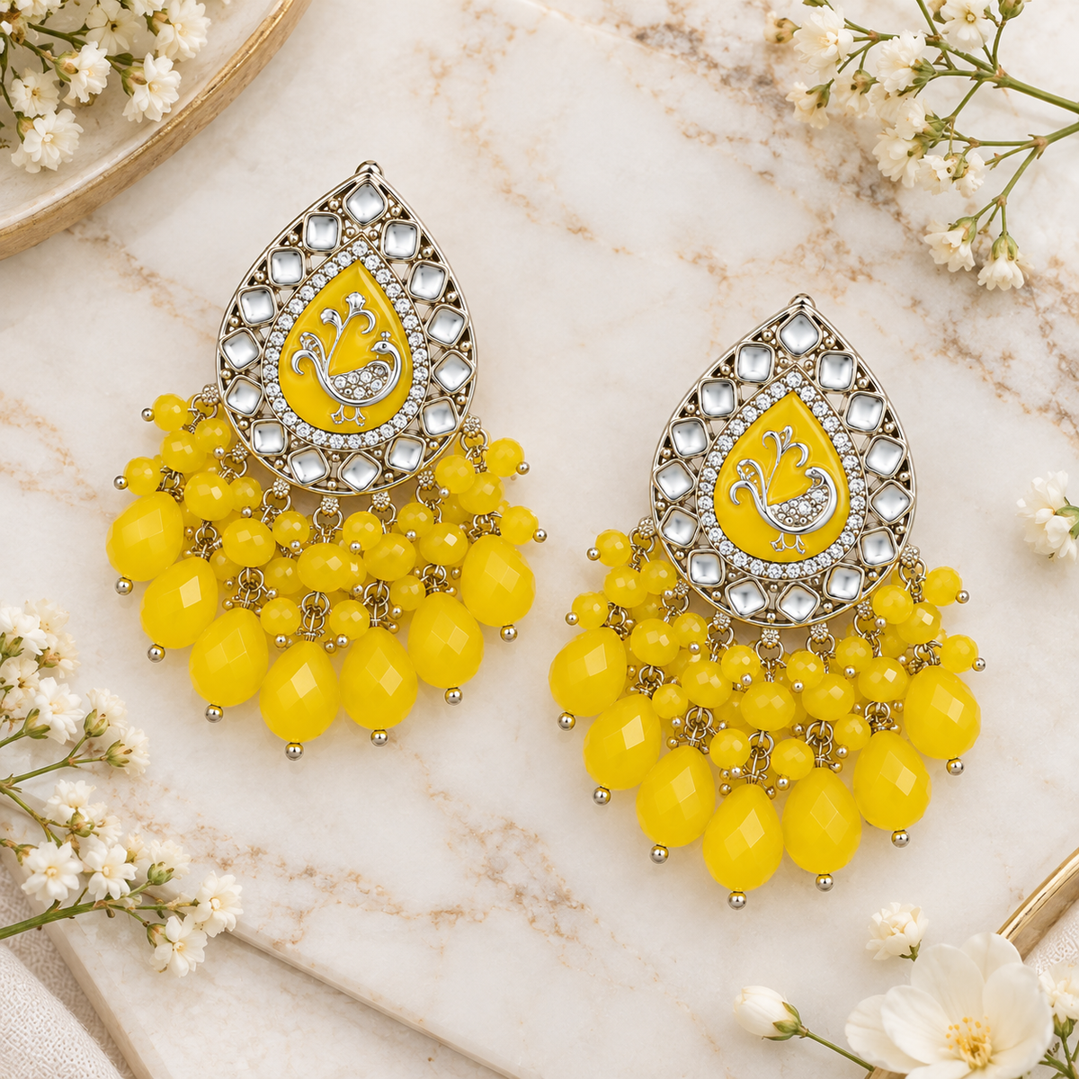 Aarvika Teardrop Peacock Design Earring (Yellow)