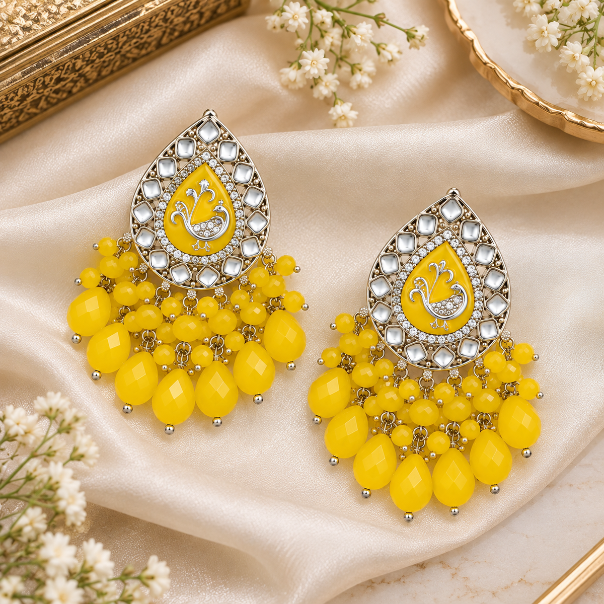 Aarvika Teardrop Peacock Design Earring (Yellow)