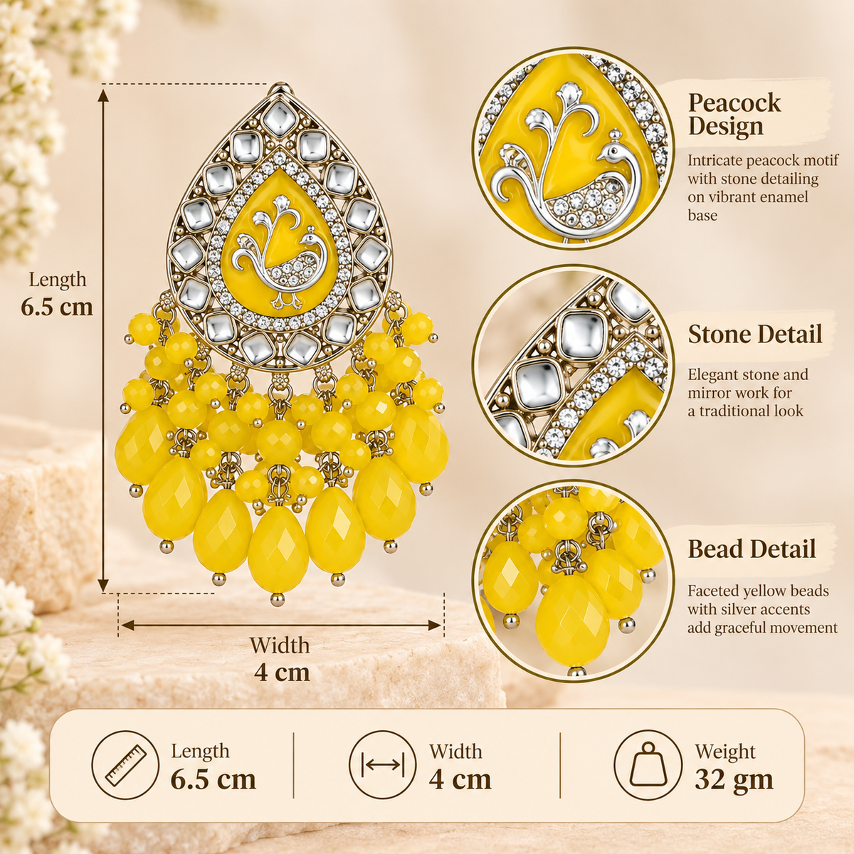Aarvika Teardrop Peacock Design Earring (Yellow)