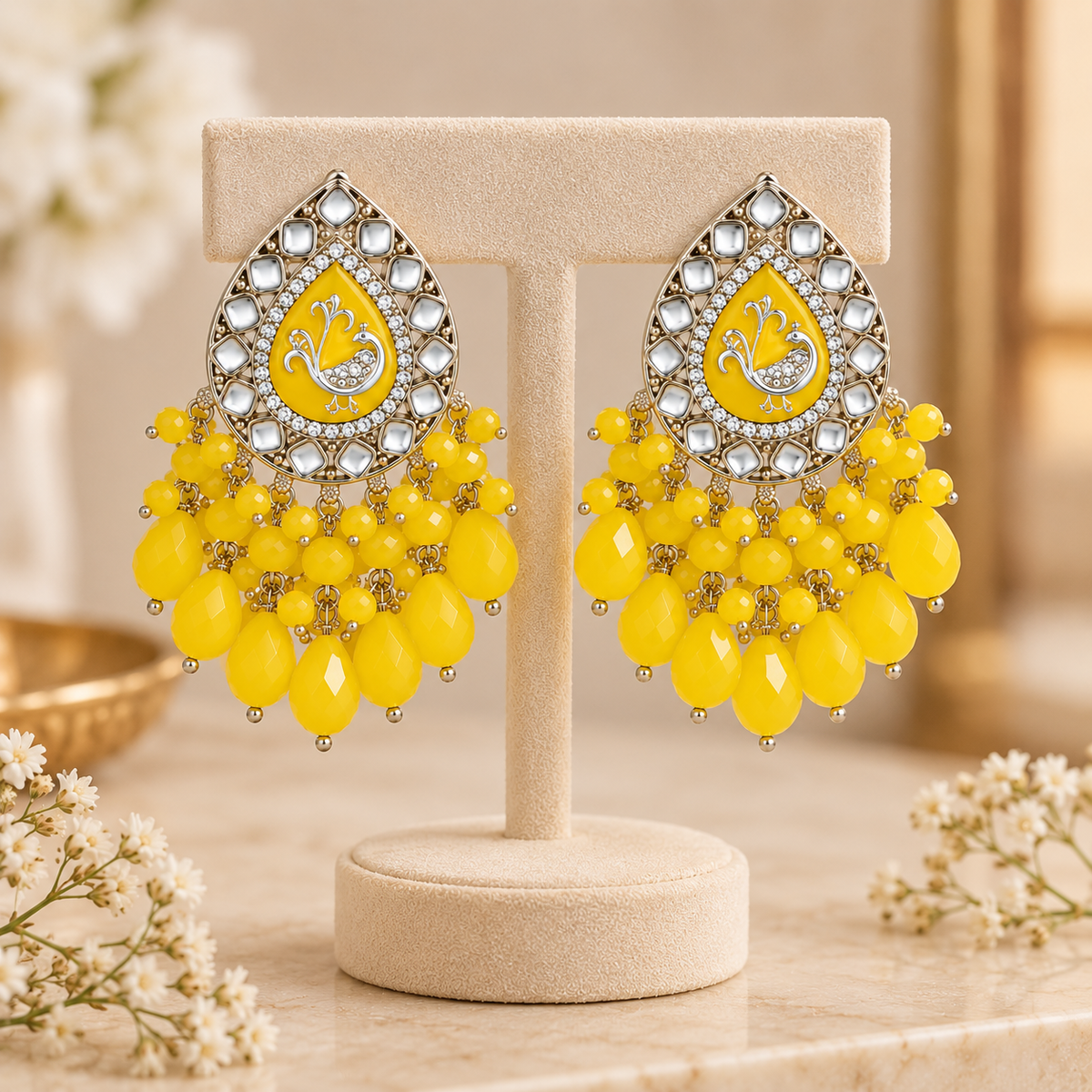 Aarvika Teardrop Peacock Design Earring (Yellow)