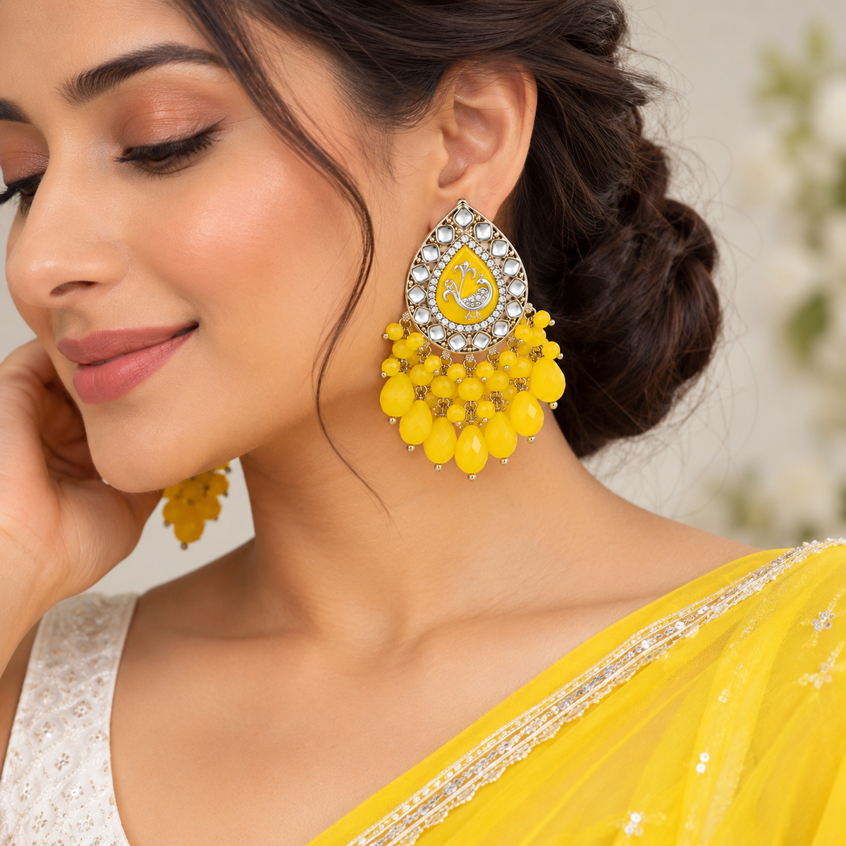 Aarvika Teardrop Peacock Design Earring (Yellow)