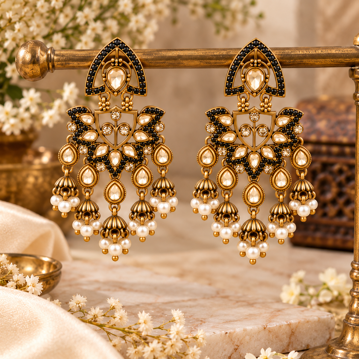 Aarvika Traditional Kundan Earrings with Stone Work & Pearl Danglers, Black