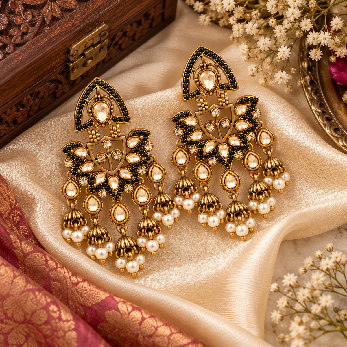 Aarvika Traditional Kundan Earrings with Stone Work & Pearl Danglers, Black