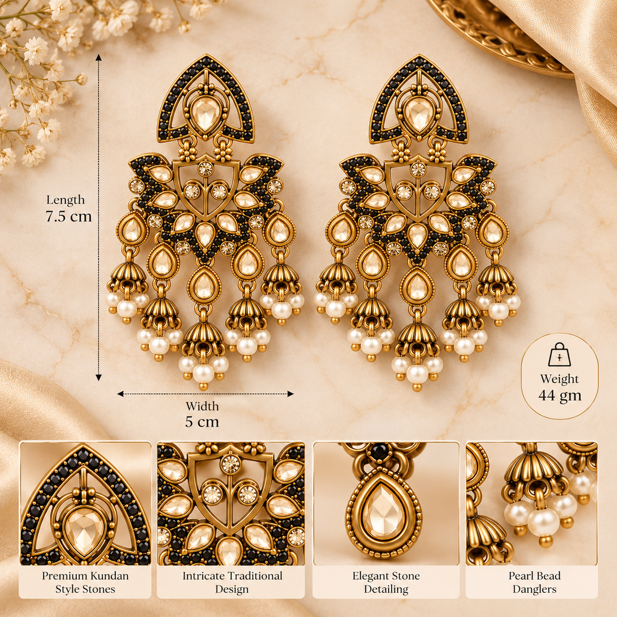 Aarvika Traditional Kundan Earrings with Stone Work & Pearl Danglers, Black