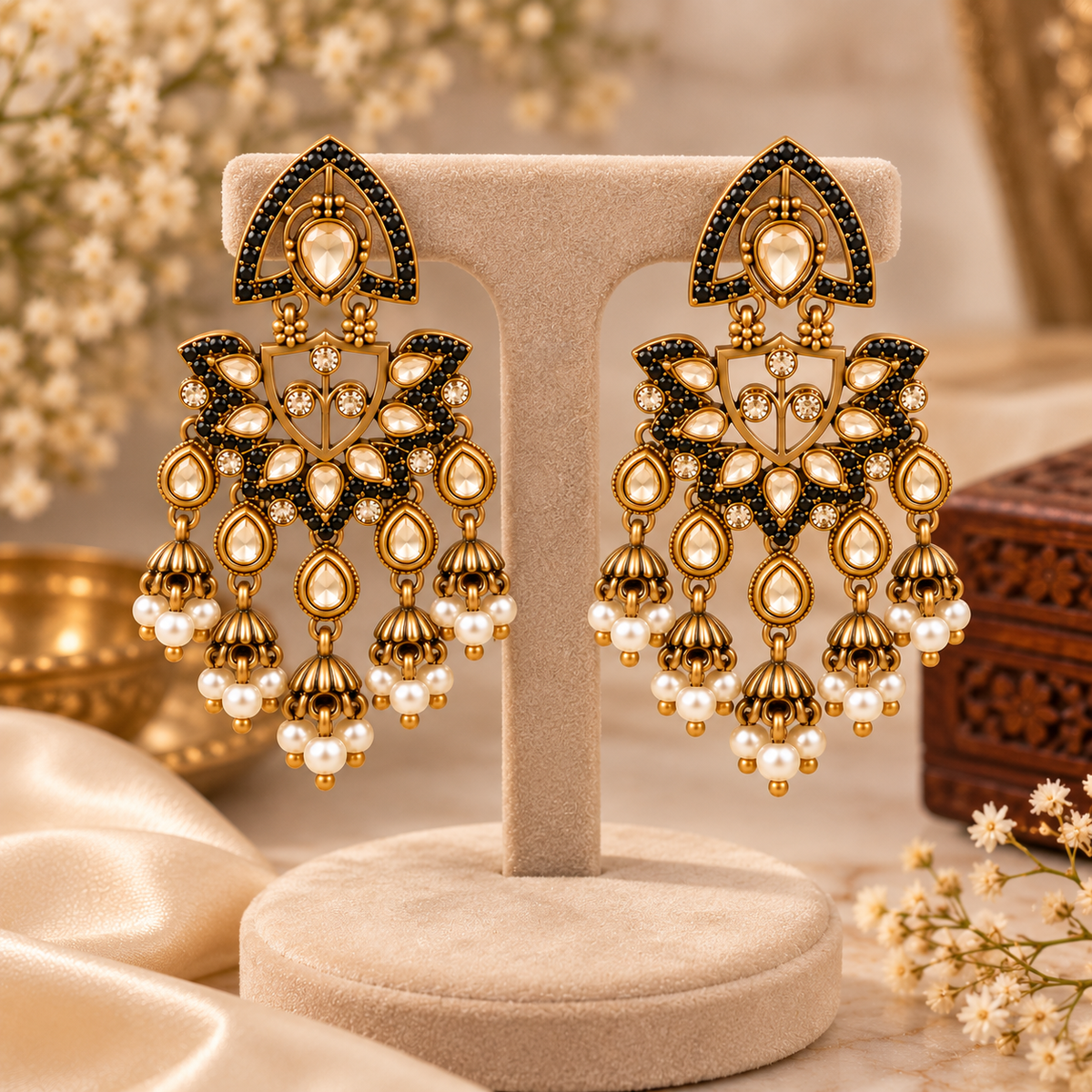 Aarvika Traditional Kundan Earrings with Stone Work & Pearl Danglers, Black