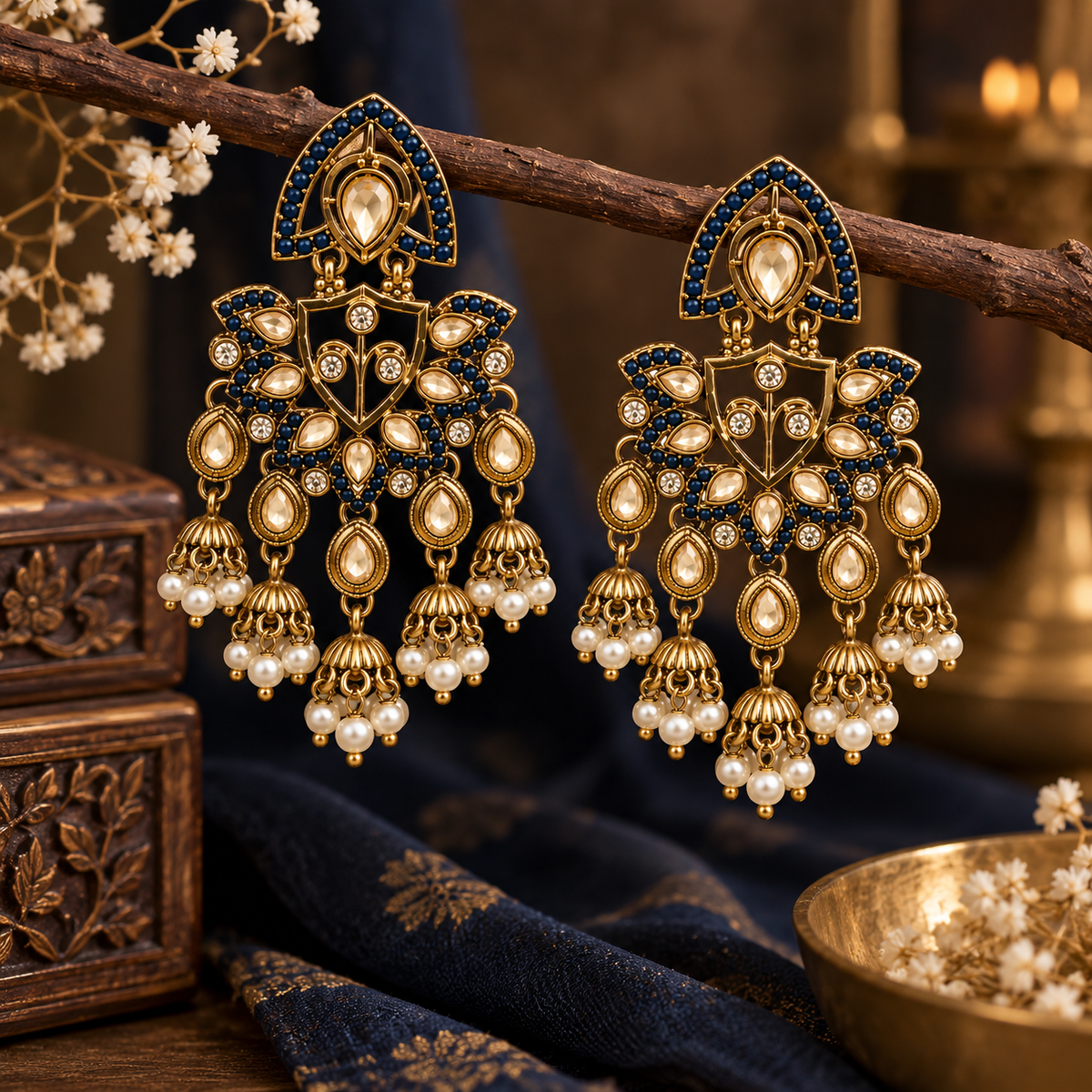 Aarvika Traditional Kundan Earrings with Stone Work & Pearl Danglers, Blue
