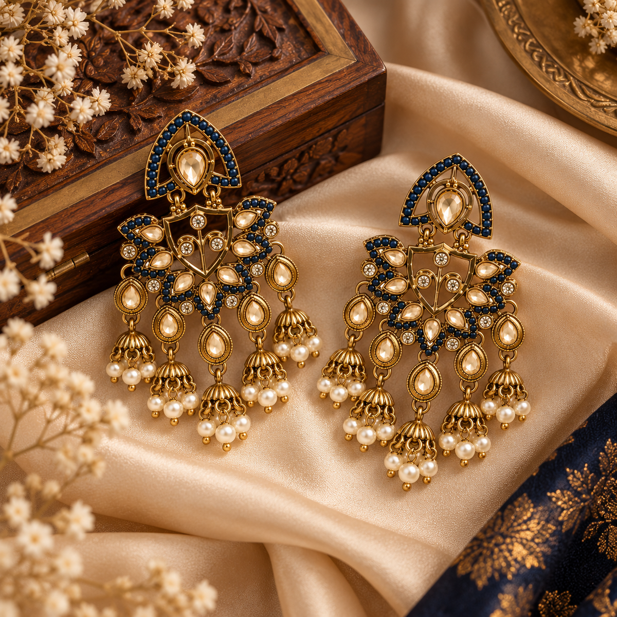 Aarvika Traditional Kundan Earrings with Stone Work & Pearl Danglers, Blue