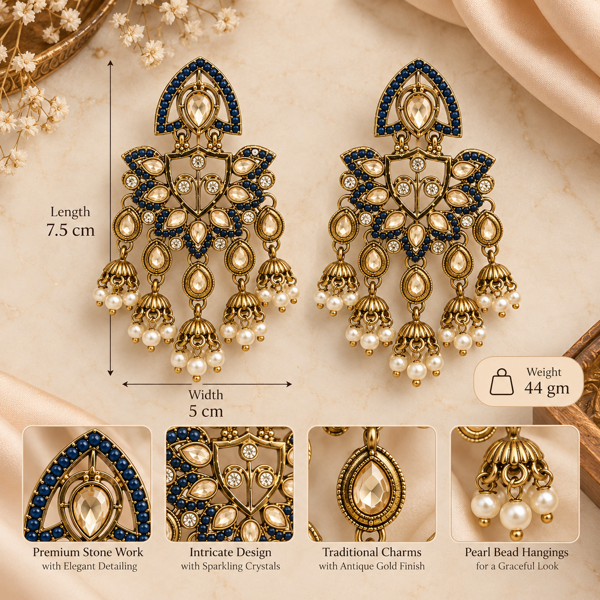 Aarvika Traditional Kundan Earrings with Stone Work & Pearl Danglers, Blue