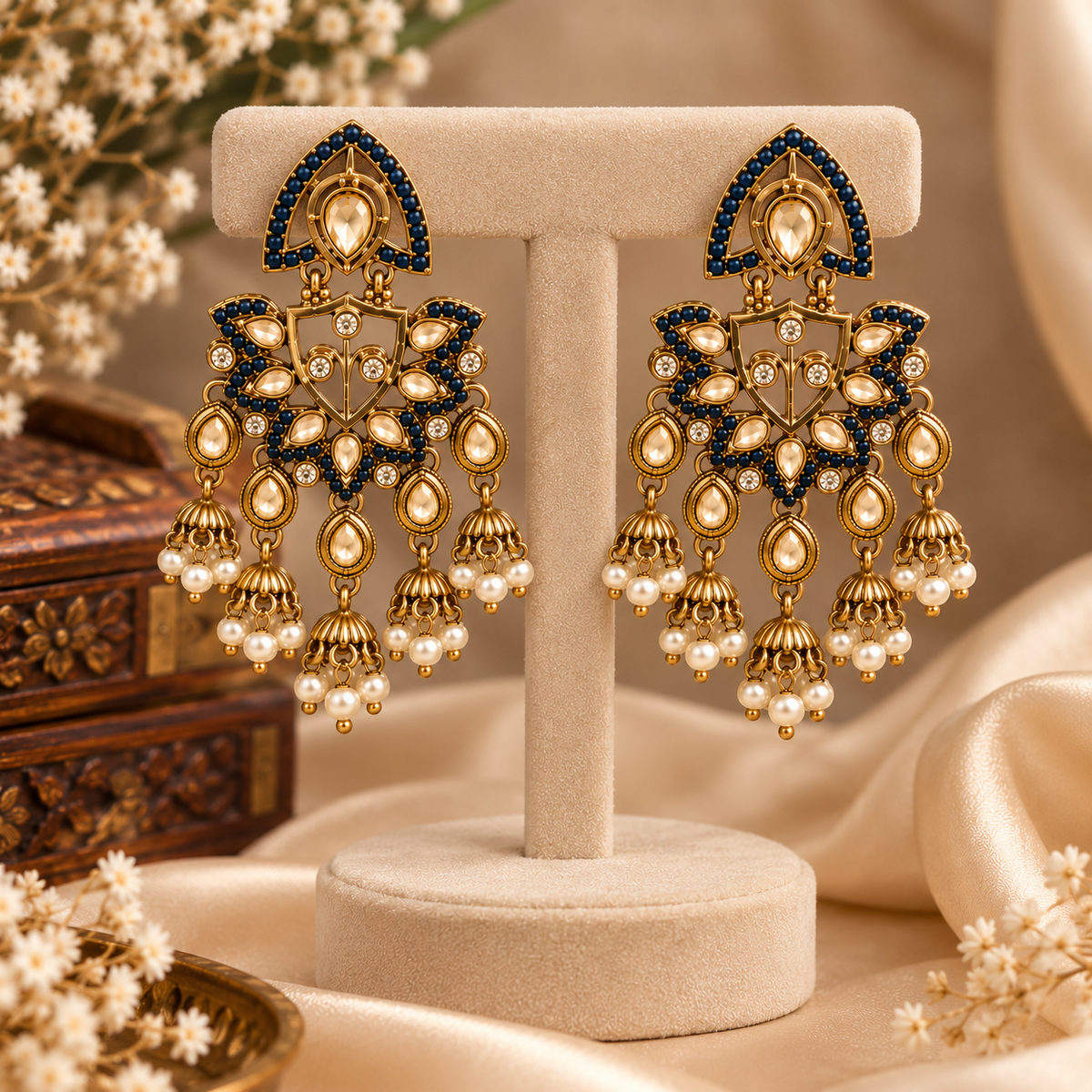 Aarvika Traditional Kundan Earrings with Stone Work & Pearl Danglers, Blue