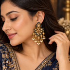 Aarvika Traditional Kundan Earrings with Stone Work & Pearl Danglers, Blue