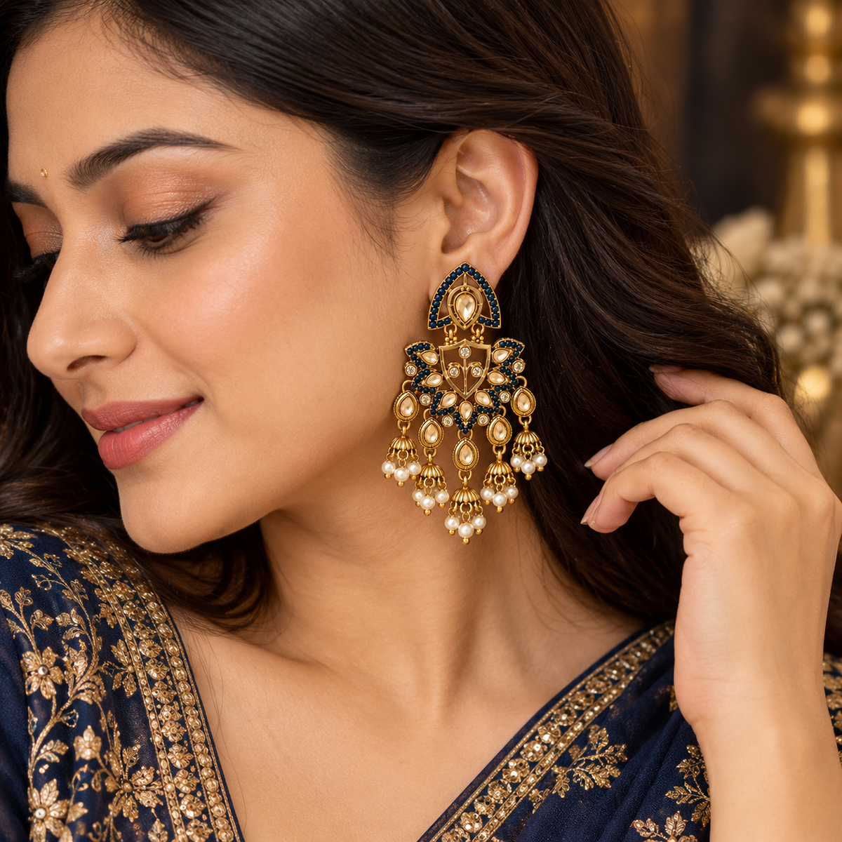 Aarvika Traditional Kundan Earrings with Stone Work & Pearl Danglers, Blue