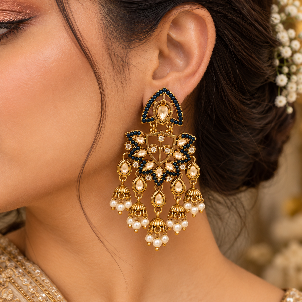 Aarvika Traditional Kundan Earrings with Stone Work & Pearl Danglers, Blue