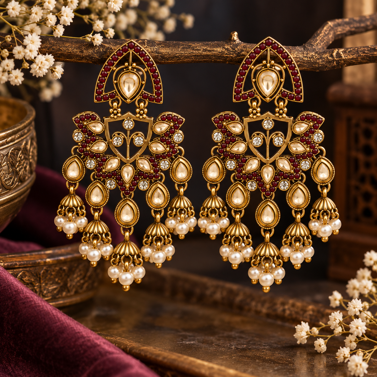 Aarvika Traditional Kundan Earrings with Stone Work & Pearl Danglers, Burgundy