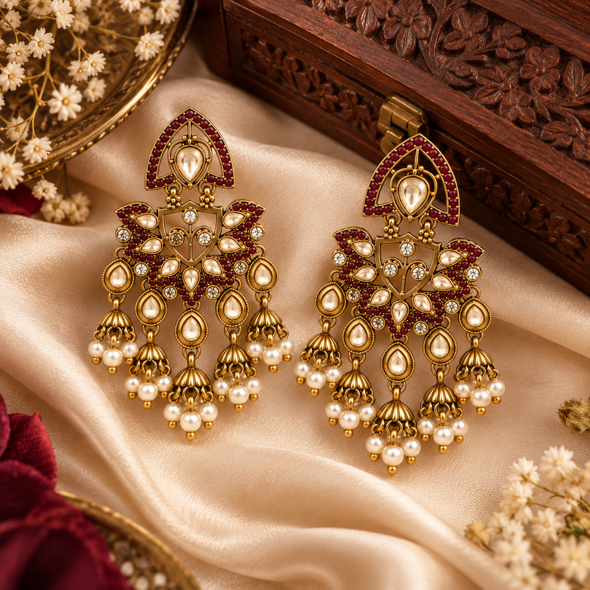 Aarvika Traditional Kundan Earrings with Stone Work & Pearl Danglers, Burgundy
