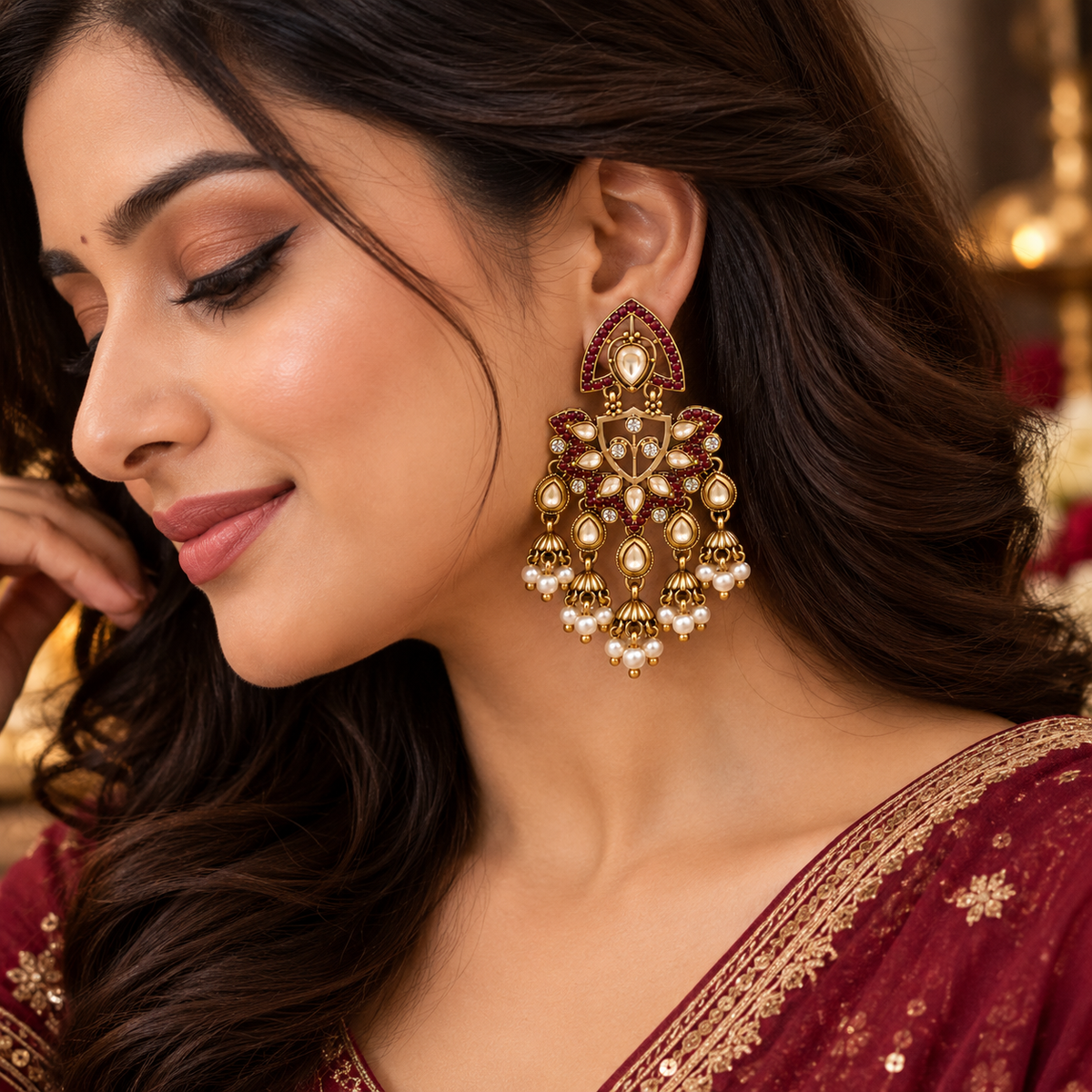 Aarvika Traditional Kundan Earrings with Stone Work & Pearl Danglers, Burgundy