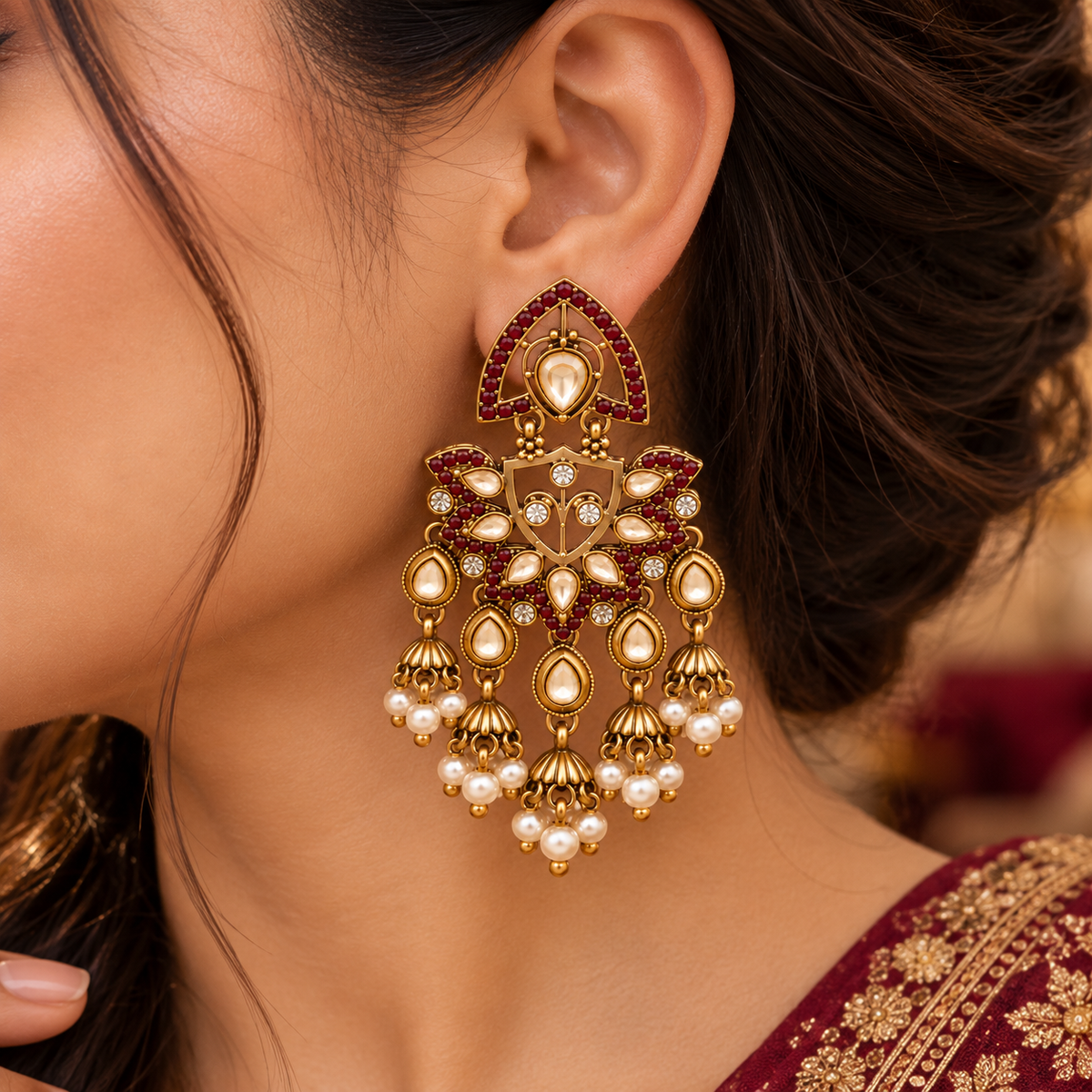 Aarvika Traditional Kundan Earrings with Stone Work & Pearl Danglers, Burgundy