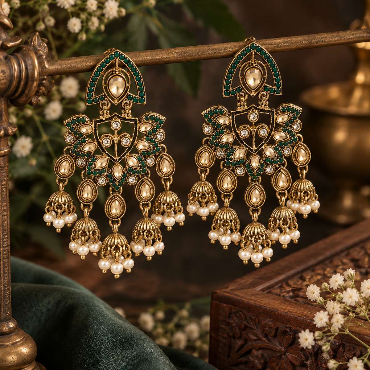 Aarvika Traditional Kundan Earrings with Stone Work & Pearl Danglers, Green