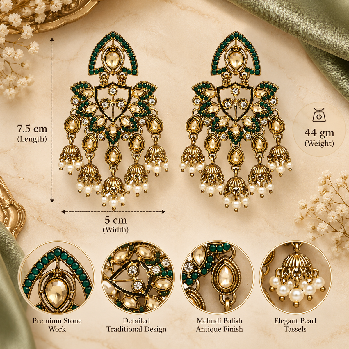 Aarvika Traditional Kundan Earrings with Stone Work & Pearl Danglers, Green