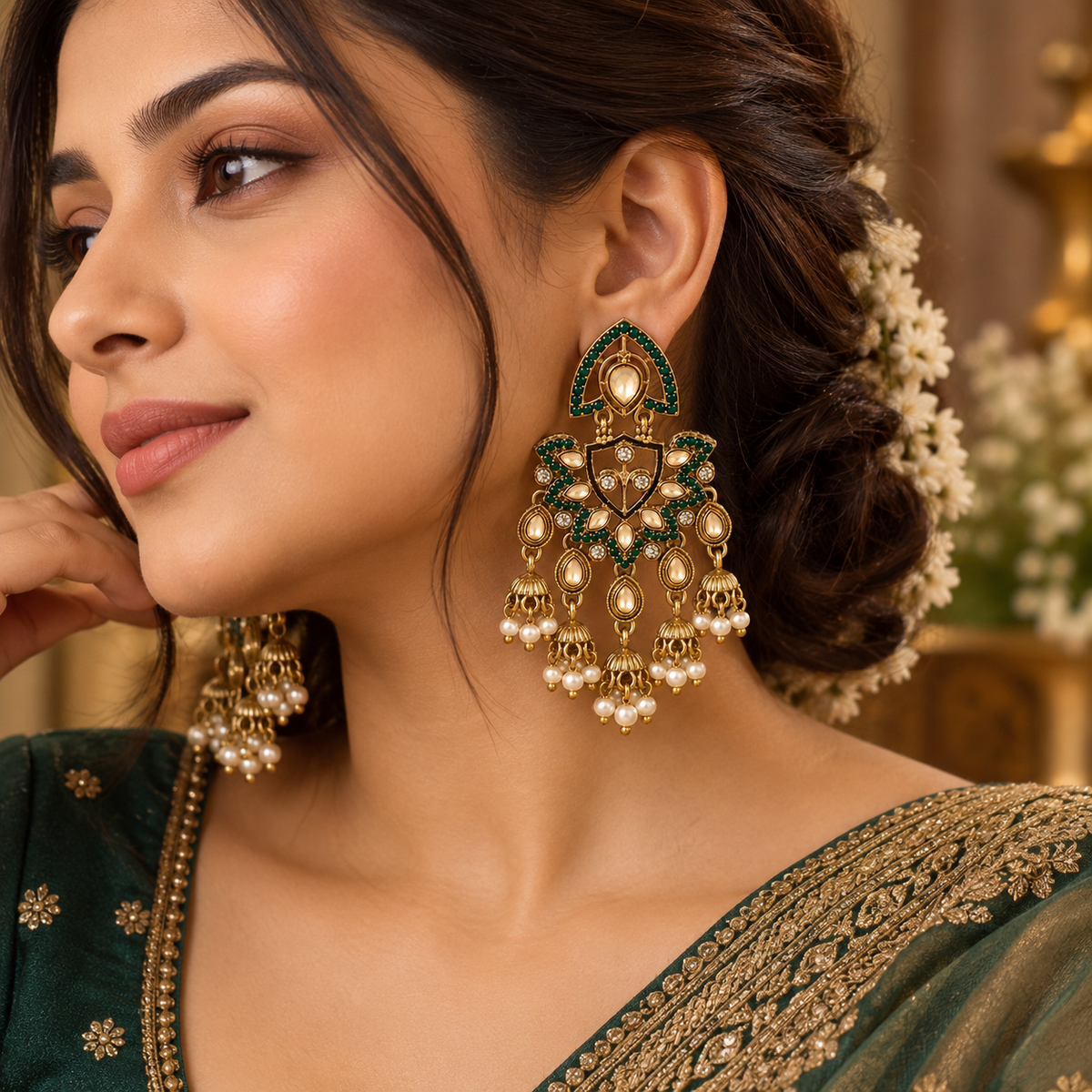 Aarvika Traditional Kundan Earrings with Stone Work & Pearl Danglers, Green