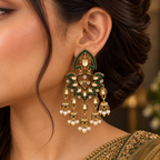 Aarvika Traditional Kundan Earrings with Stone Work & Pearl Danglers, Green