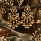 Aarvika Traditional Kundan Earrings with Stone Work & Pearl Danglers, Pink/Mint â Pink Mint