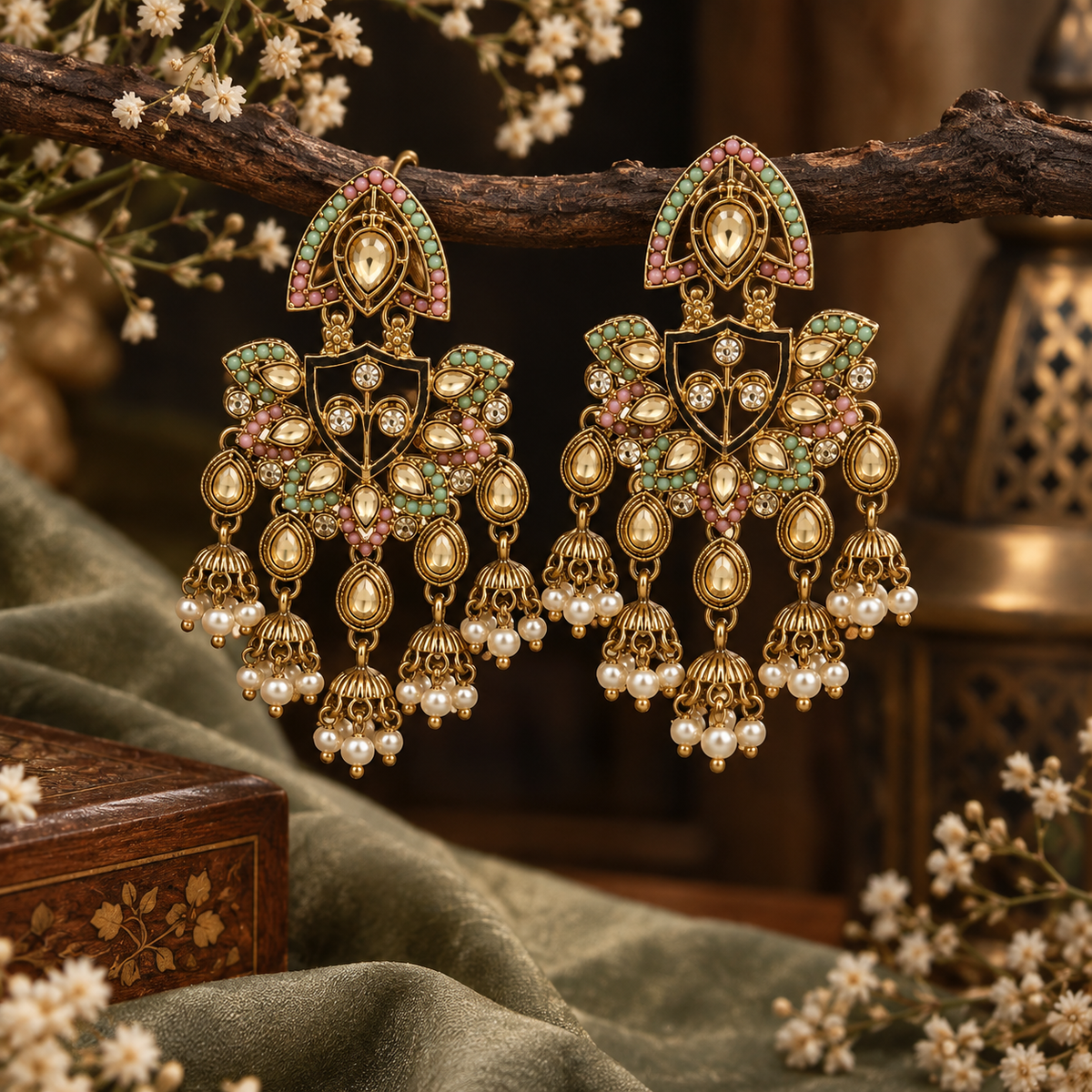 Aarvika Traditional Kundan Earrings with Stone Work & Pearl Danglers, Pink/Mint â Pink Mint