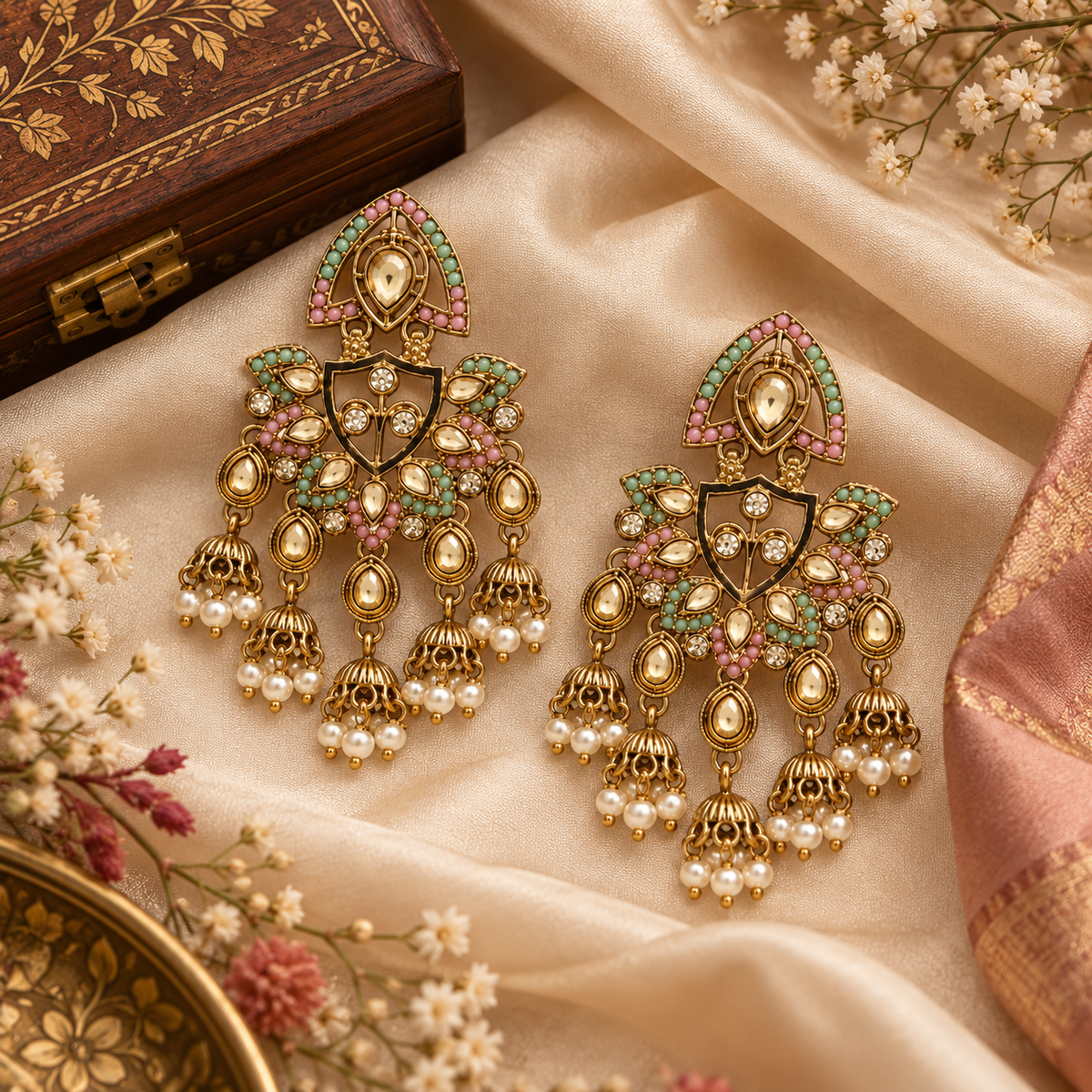 Aarvika Traditional Kundan Earrings with Stone Work & Pearl Danglers, Pink/Mint â Pink Mint