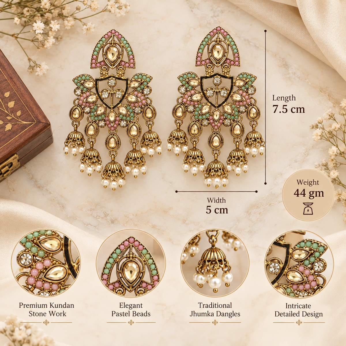Aarvika Traditional Kundan Earrings with Stone Work & Pearl Danglers, Pink/Mint â Pink Mint