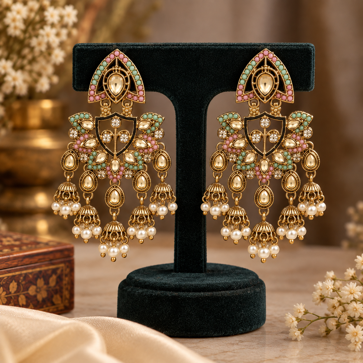 Aarvika Traditional Kundan Earrings with Stone Work & Pearl Danglers, Pink/Mint â Pink Mint