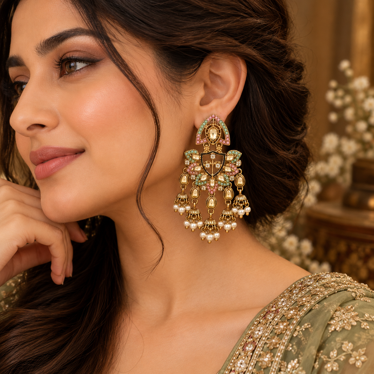 Aarvika Traditional Kundan Earrings with Stone Work & Pearl Danglers, Pink/Mint â Pink Mint