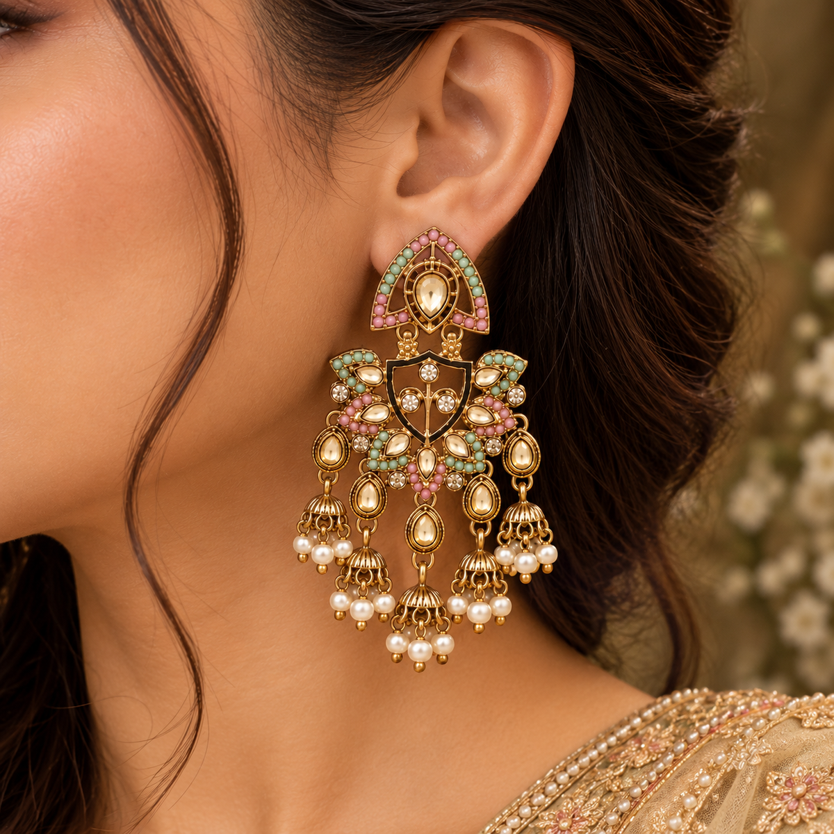 Aarvika Traditional Kundan Earrings with Stone Work & Pearl Danglers, Pink/Mint â Pink Mint