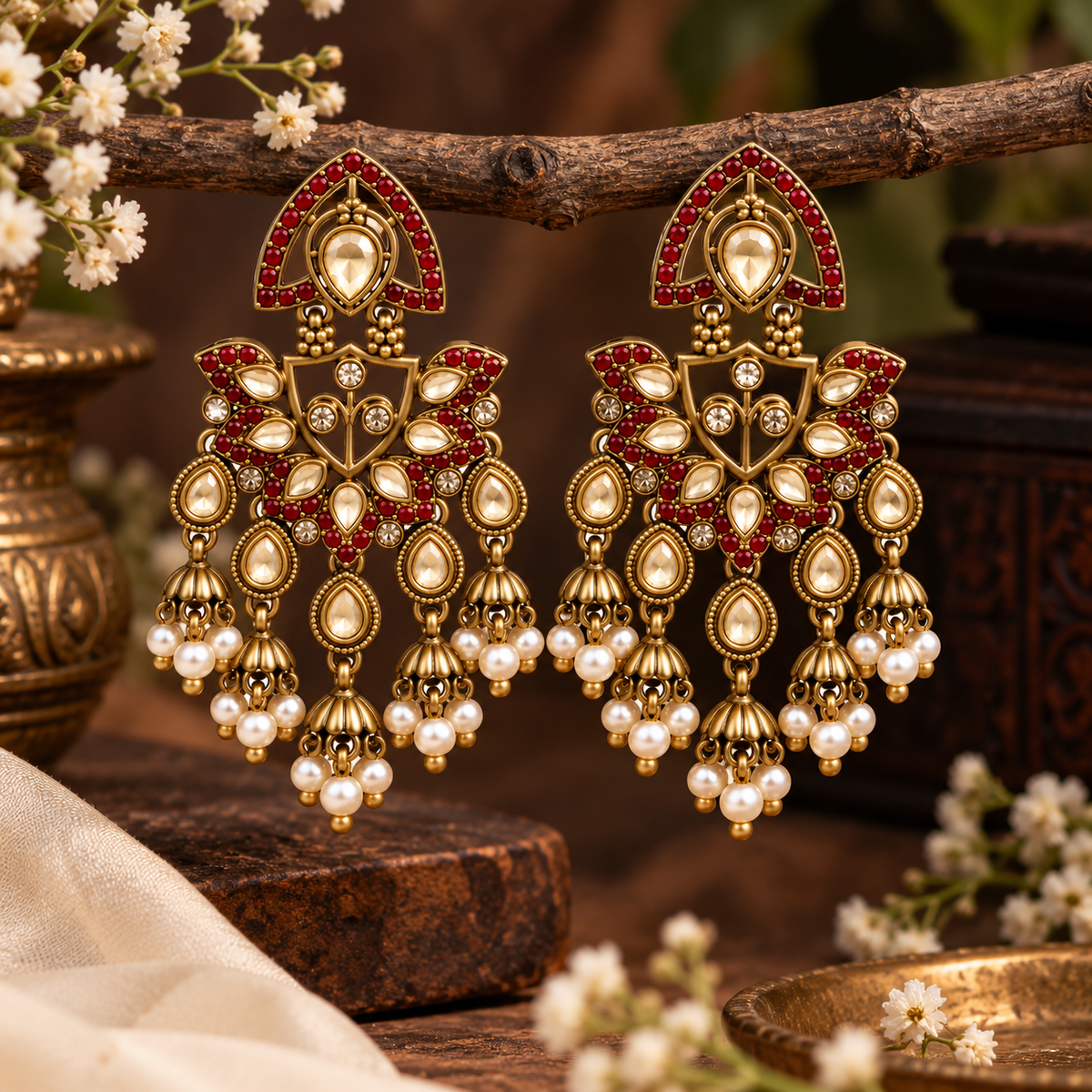 Aarvika Traditional Kundan Earrings with Stone Work & Pearl Danglers, Red