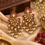 Aarvika Traditional Kundan Earrings with Stone Work & Pearl Danglers, Red