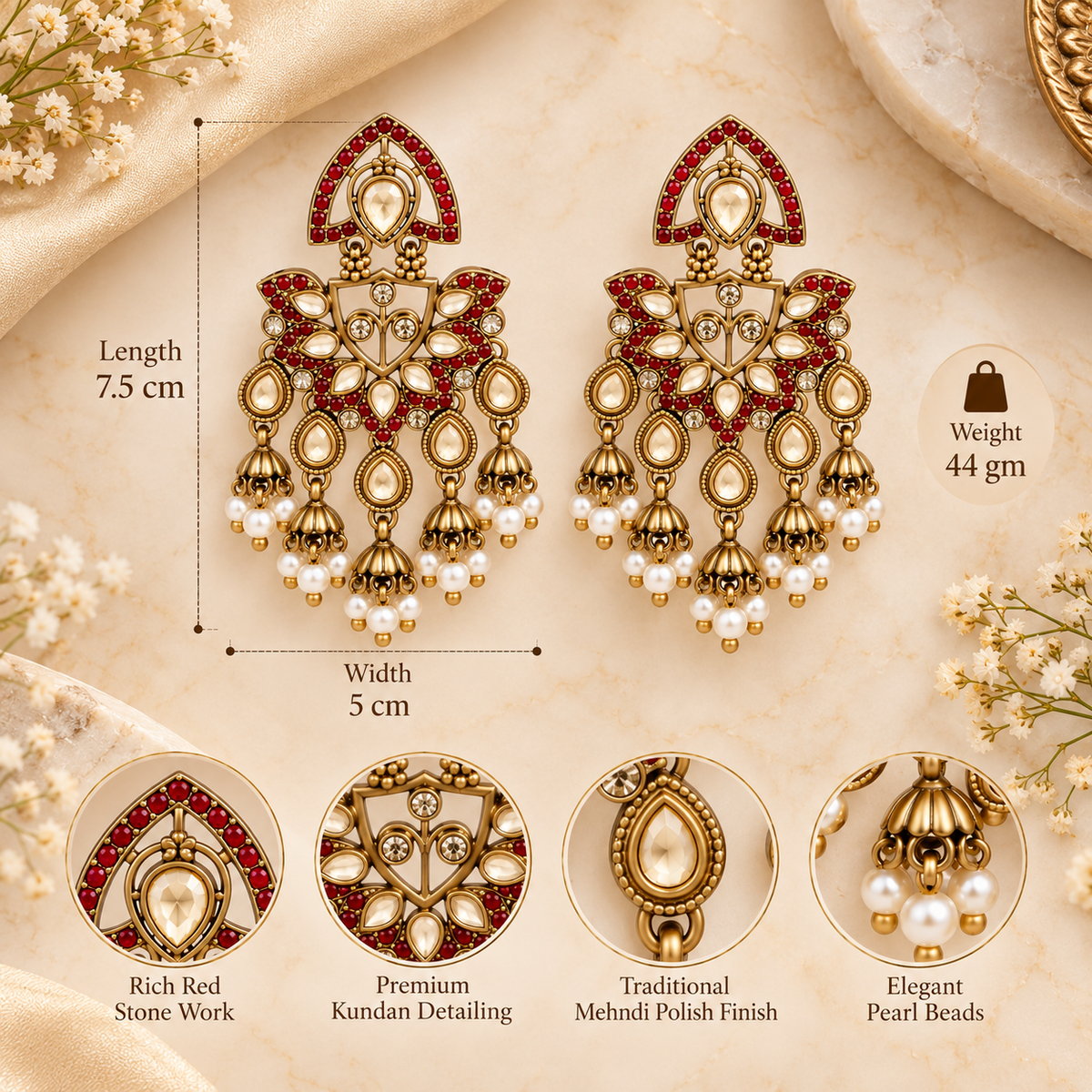 Aarvika Traditional Kundan Earrings with Stone Work & Pearl Danglers, Red
