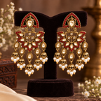 Aarvika Traditional Kundan Earrings with Stone Work & Pearl Danglers, Red