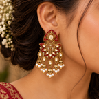 Aarvika Traditional Kundan Earrings with Stone Work & Pearl Danglers, Red