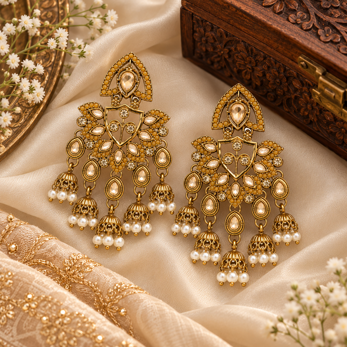 Aarvika Traditional Kundan Earrings with Stone Work & Pearl Danglers, Yellow