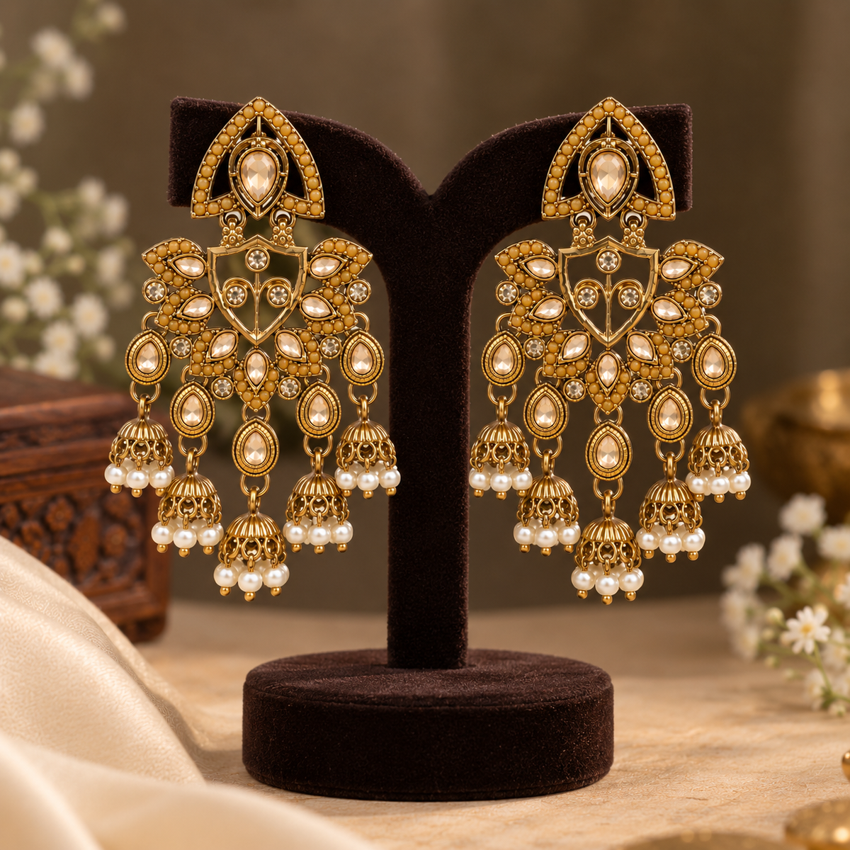 Aarvika Traditional Kundan Earrings with Stone Work & Pearl Danglers, Yellow