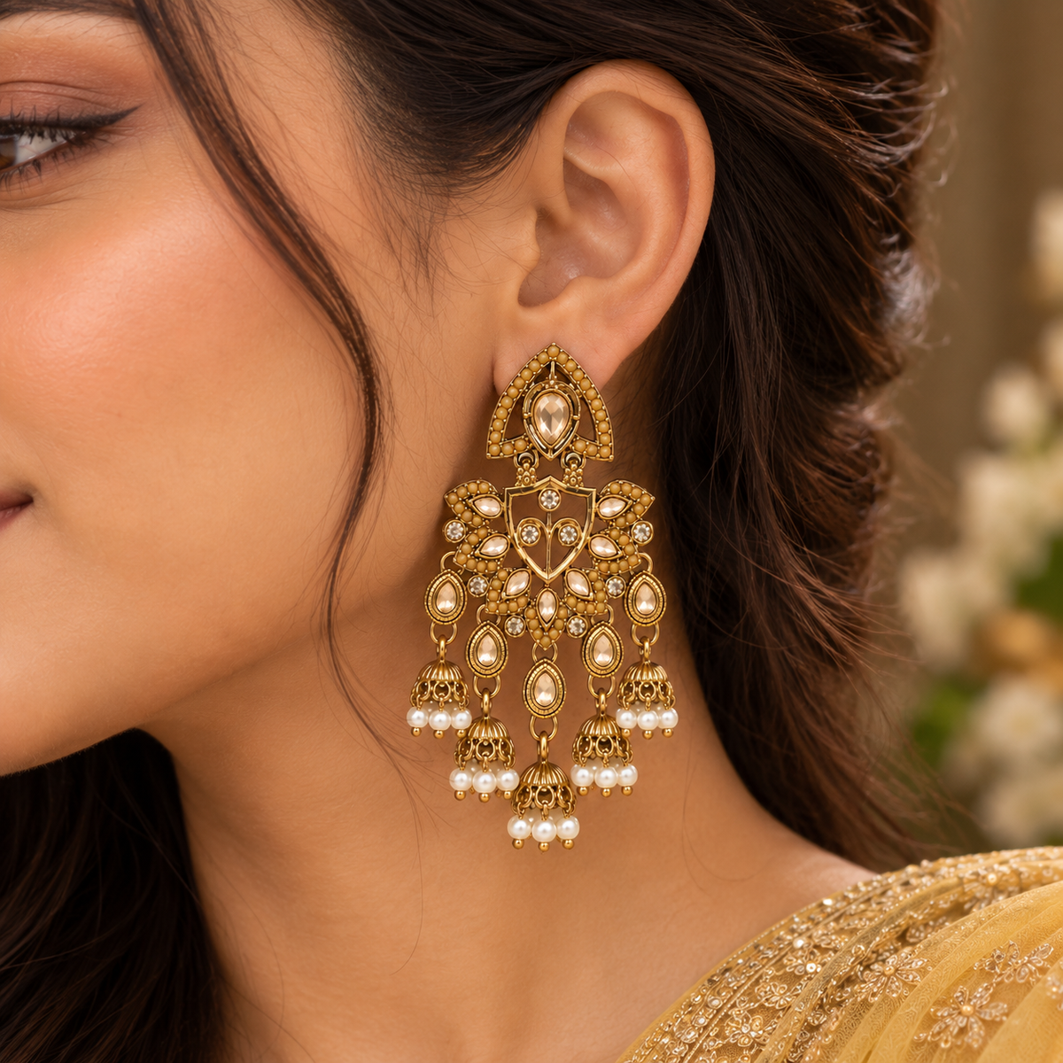 Aarvika Traditional Kundan Earrings with Stone Work & Pearl Danglers, Yellow
