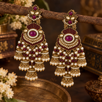 Aarvika Long Chandelier Jhumka with Stones and Pearl Beads, Magenta