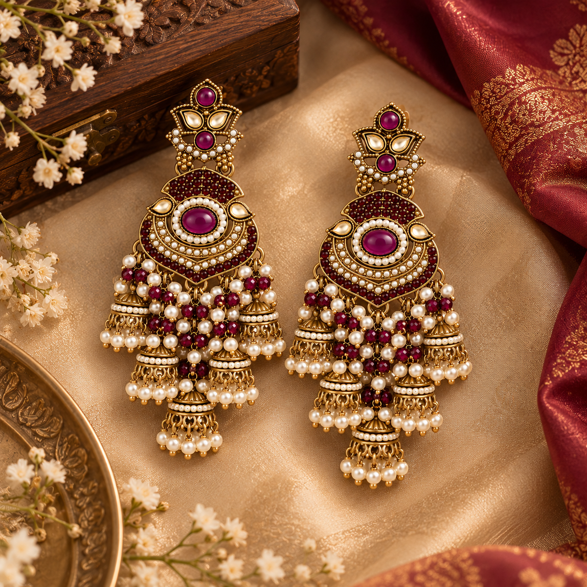 Aarvika Long Chandelier Jhumka with Stones and Pearl Beads, Magenta