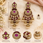 Aarvika Long Chandelier Jhumka with Stones and Pearl Beads, Magenta