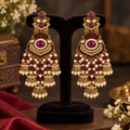 Aarvika Long Chandelier Jhumka with Stones and Pearl Beads, Magenta