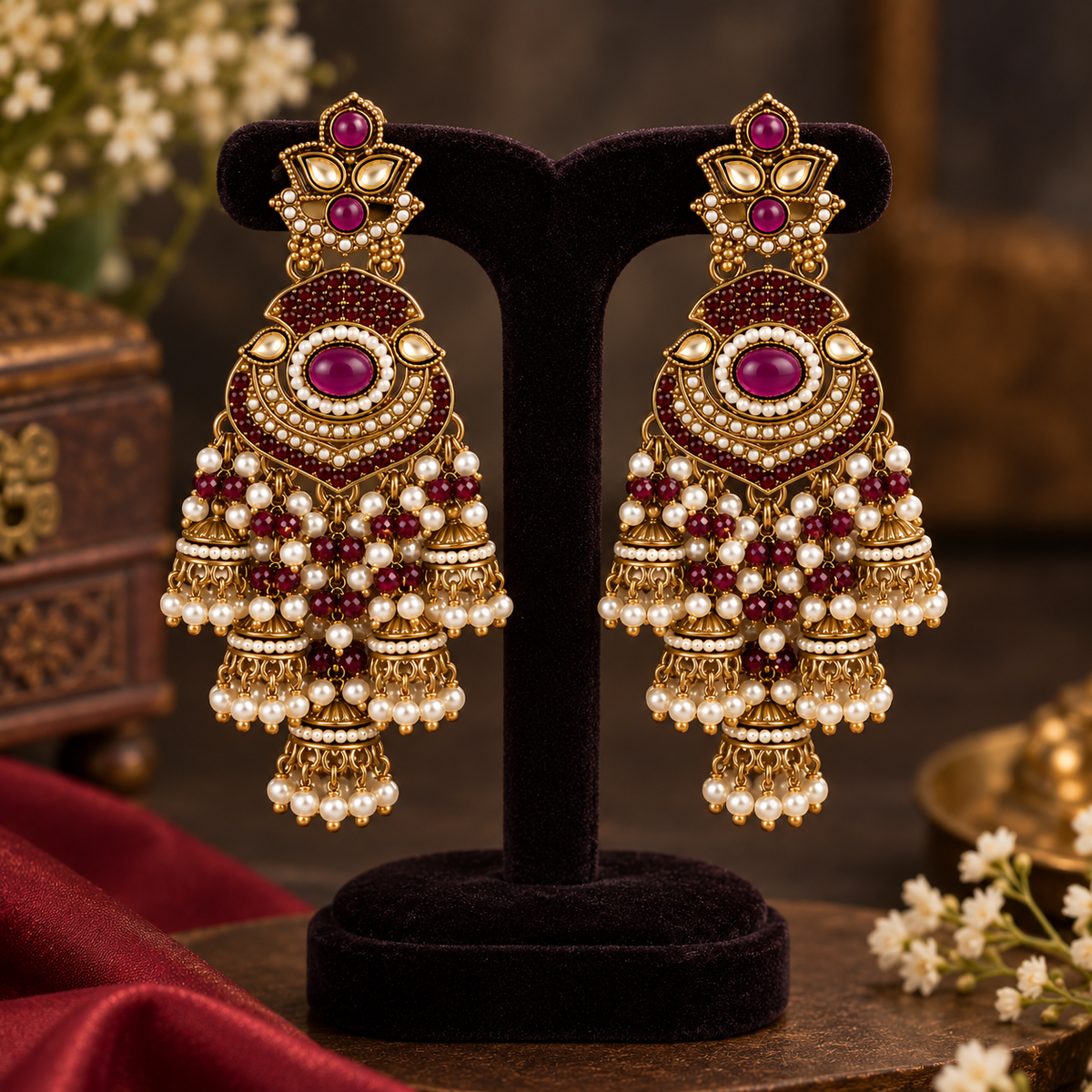 Aarvika Long Chandelier Jhumka with Stones and Pearl Beads, Magenta